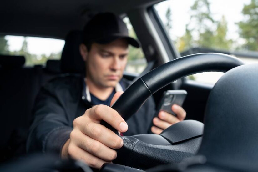 Photo of a man texting while holding the stearing wheel