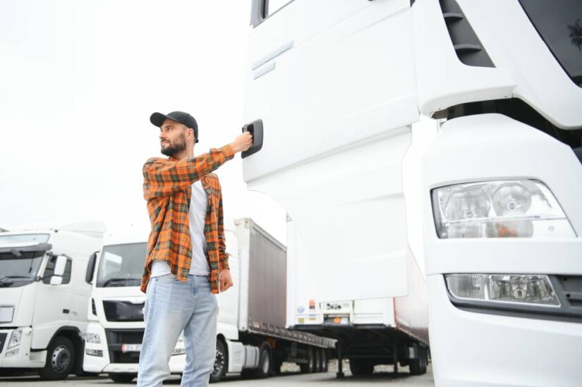 Photo of a man standing next to white truck